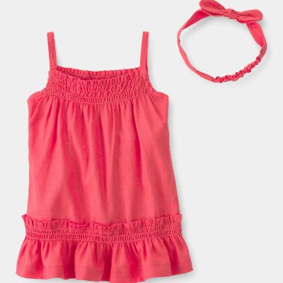 Baby Girl 2-Piece Linen Sleeveless Dress Set - Coral