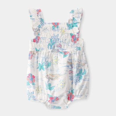 Baby Girl Tropical Beach Sleeveless Romper - Ivory/Green
