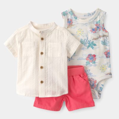 Baby Boy 3-Piece Tropical Beach Short-Sleeve Bodysuit, Top & Short Set