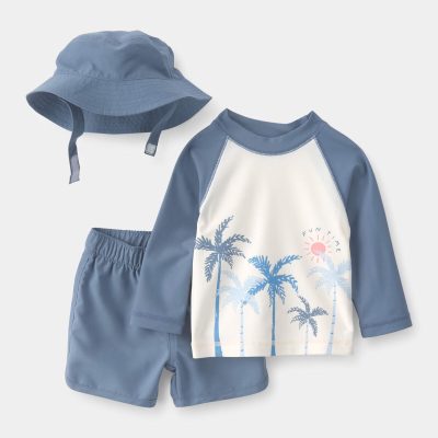 Baby Boy 3-Piece Palm Tree Long-Sleeve Rashguard Swimsuit Set - Blue/White