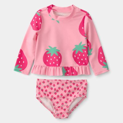 Baby Girl 2-Piece Strawberry Rashguard Swimsuit Set - Pink