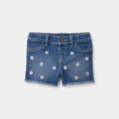 Baby Girl Daisy Denim Embroidered Shorts - Dark Wash