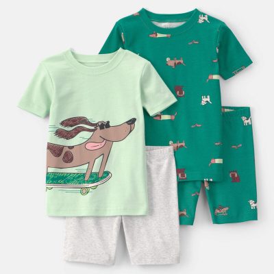Baby Boy Skateboard Dog Cotton Short-Sleeve Snug Fit 4-Piece Pajama Set - Green