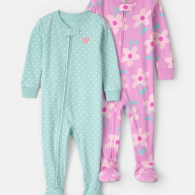 Baby Girl 2-Pack Floral Butterfly 100% Cotton Snug Fit 1-Piece Pajama - Blue/Pink