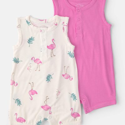 Baby Girl 2-Pack Flamingo PurelySoft Sleeveless Romper Set - Pink/Ivory
