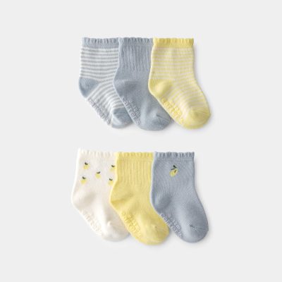 Baby Girl 6-Pack Lemon Striped Socks - Yellow/Grey
