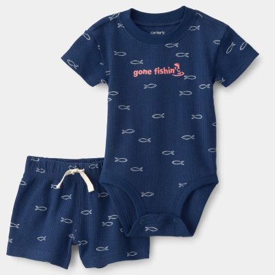 Baby Boy 2-Piece Fishing Waffle-Knit Bodysuit & Short Set - Blue