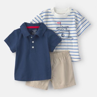 Baby Boy 3-Piece Nautical Short-Sleeve Tops & Short Set - Blue