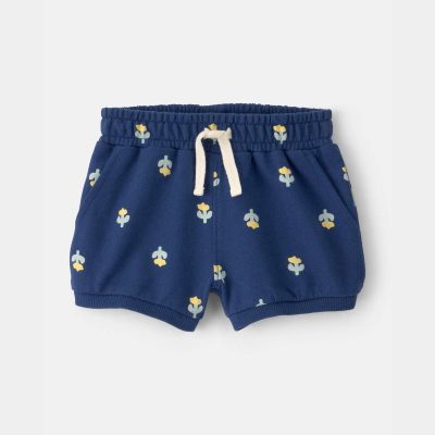 Baby Girl Floral French Terry Shorts - Navy Blue