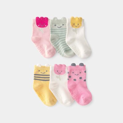 Baby Girl 6-Pack Floral Critter Socks - Pink/Yellow