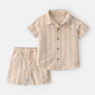 Baby Boy 2-Piece Stripe Collared Shirt & Short Set - Khaki