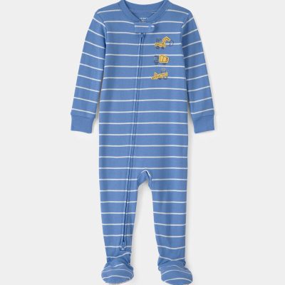 Baby Boy Construction Striped 100% Cotton Snug Fit 1-Piece Pajama - Blue