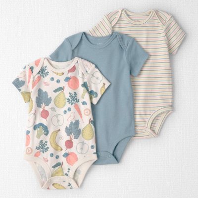 Baby 3-Pack Organic Cotton Bodysuits in Veggie Fruit Print