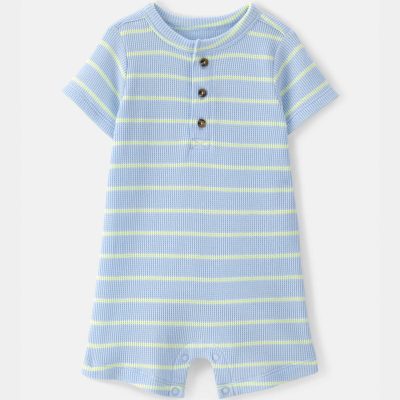 Baby Boy Striped Waffle-Knit Romper - Blue