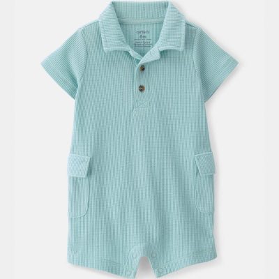 Baby Boy Waffle-Knit Polo Romper - Turquoise