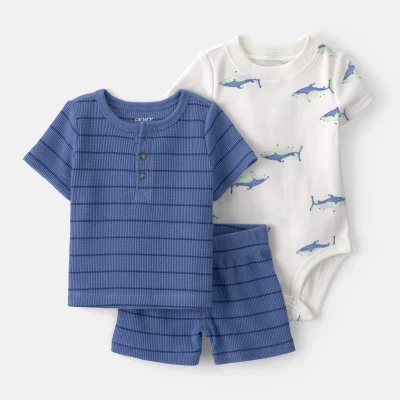 Baby Boy 3-Piece Shark Striped Outfit Set - Blue/White