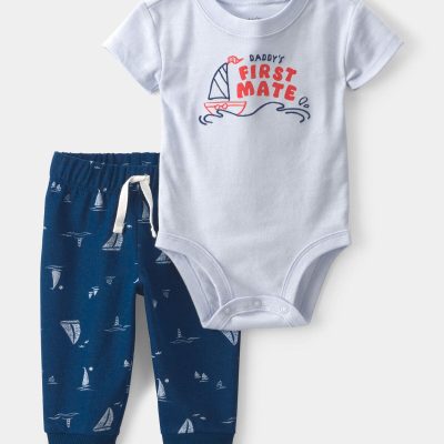 Baby Boy 2-Piece 'Daddy's First Mate' Boat Bodysuit & Pant Set - Blue