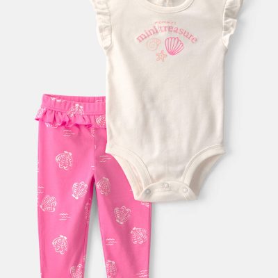 Baby Girl 2-Piece 'Mommy's Mini Treasure' Shell Bodysuit & Pant Set - Pink/Ivory