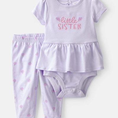 Baby Girl 2-Piece 'Little Sister' Bodysuit & Pant Set - Purple