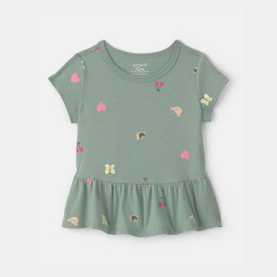 Baby Girl Butterfly Relaxed Peplum Top - Green