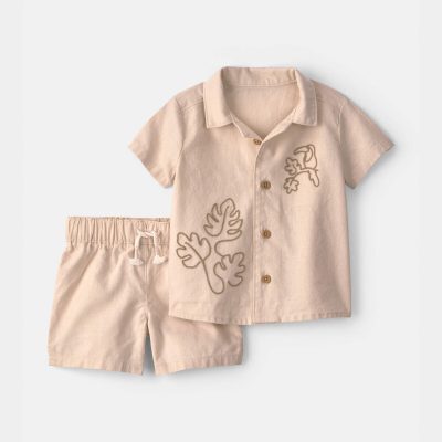 Baby Boy 2-Piece Toucan Embroidered Top & Short Set - Khaki
