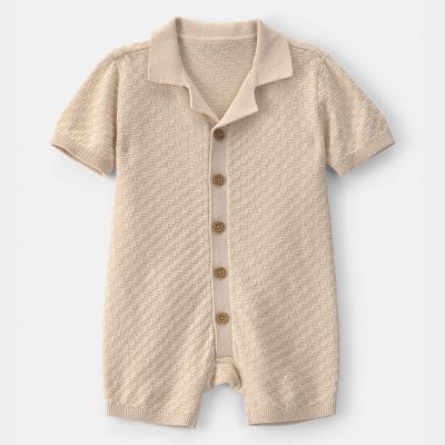 Baby Boy Button-Down Short-Sleeve Romper - Ivory