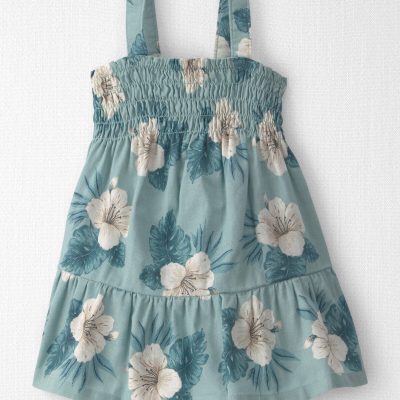 Baby Girl Smocked Linen Dress Made with Organic Cotton in Blue Hibiscus