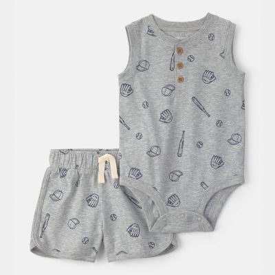 Baby Boy 2-Piece Baseball Sleeveless Bodysuit & Short Set - Grey