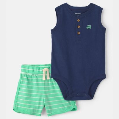 Baby Boy 2-Piece Car Striped Sleeveless Top & Short Set - Blue/Green