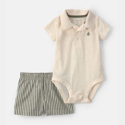 Baby Boy 2-Piece Polo Shirt & Short Set - Cream/Green