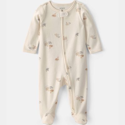 Baby Girl Swan 100% Cotton 2-Way Zip Sleep & Play Pajamas - Ivory