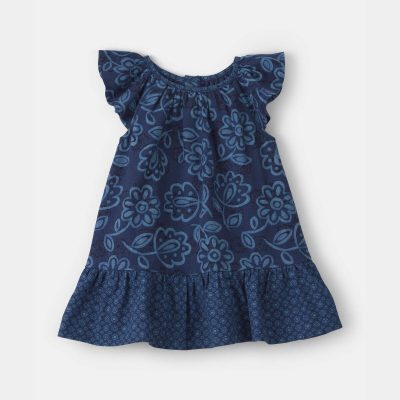 Baby Girl Ruffle-Sleeve Floral Linen Dress - Navy