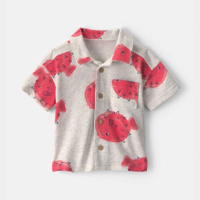 Baby Boy Pufferfish Short-Sleeve Button-Down Shirt - Grey/Red
