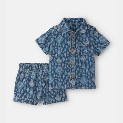 Baby Boy 2-Piece Button-Down Denim Top & Short Set - Medium Wash
