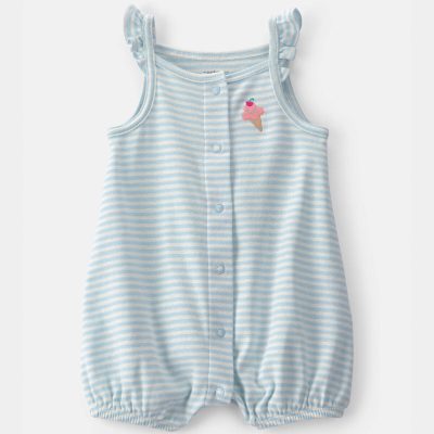 Baby Girl Striped Ice Cream Romper - Blue/White