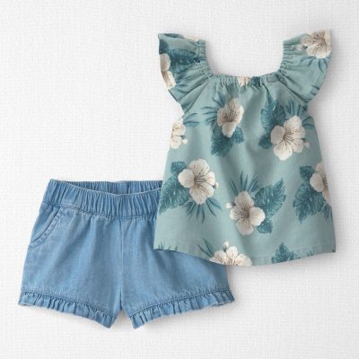 Baby Girl 2-Piece Chambray Top & Short Set Made with Organic Cotton in Blue Hibiscus
