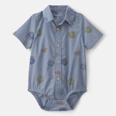 Baby Boy Patchwork Poplin Short-Sleeve Button-Down Bodysuit - Blue