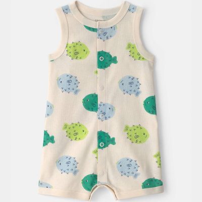 Baby Pufferfish Sleeveless Romper - Cream/Green