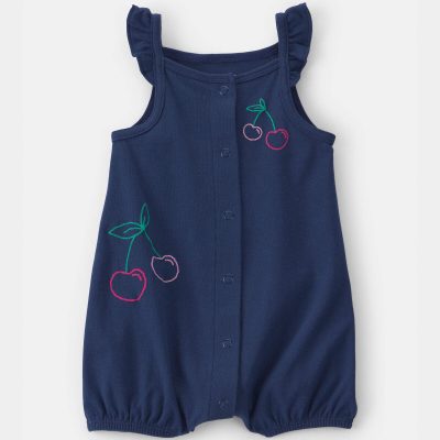 Baby Girl Cherry Sleeveless Romper - Navy Blue