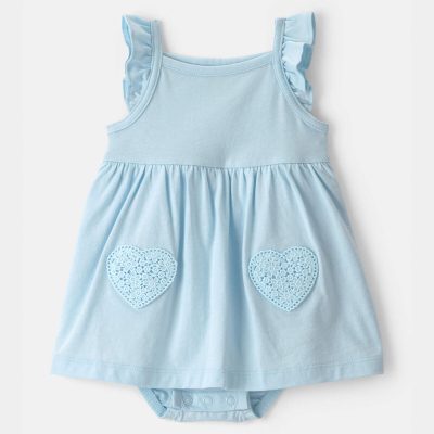 Baby Girl Heart Sleeveless Bodysuit Dress - Blue