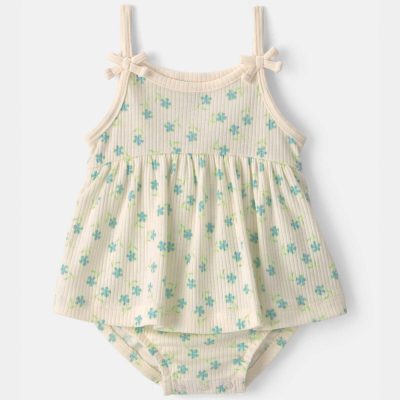 Baby Girl Floral Rib Sleeveless Bodysuit Dress - Cream