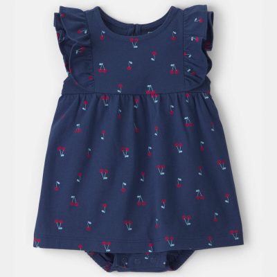 Baby Girl Cherry Sleeveless Bodysuit Dress - Navy Blue
