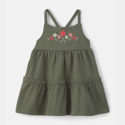 Baby Girl Flower Embroidered Sleeveless Dress - Green