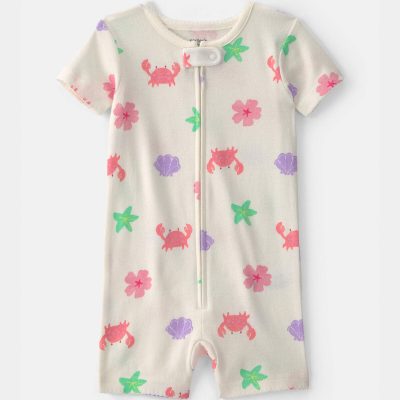 Baby Girl Sea Critters 100% Cotton 1-Piece Romper Pajama - Cream