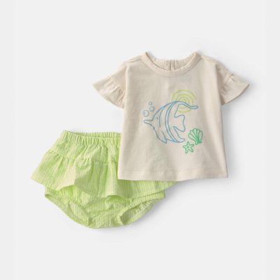 Baby Girl 2-Piece Fish Top & Short Set - Ivory/Green