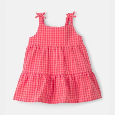 Baby Girl Gingham Sleeveless Dress - Coral