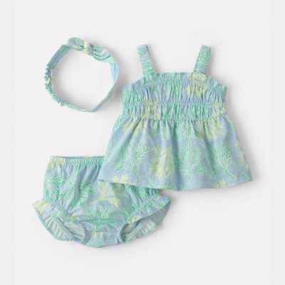 Baby Girl 3-Piece Coral Top & Short Set - Blue/Green