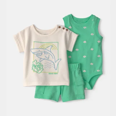 Baby Boy 3-Piece Shark Top, Bodysuit & Short Set - Green/Ivory