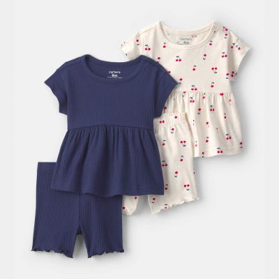 Baby Girl 4-Piece Cherry Top & Short Set - Navy Blue/Ivory