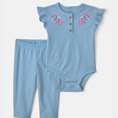 Baby Girl 2-Piece Floral Bodysuit & Pant Set - Blue